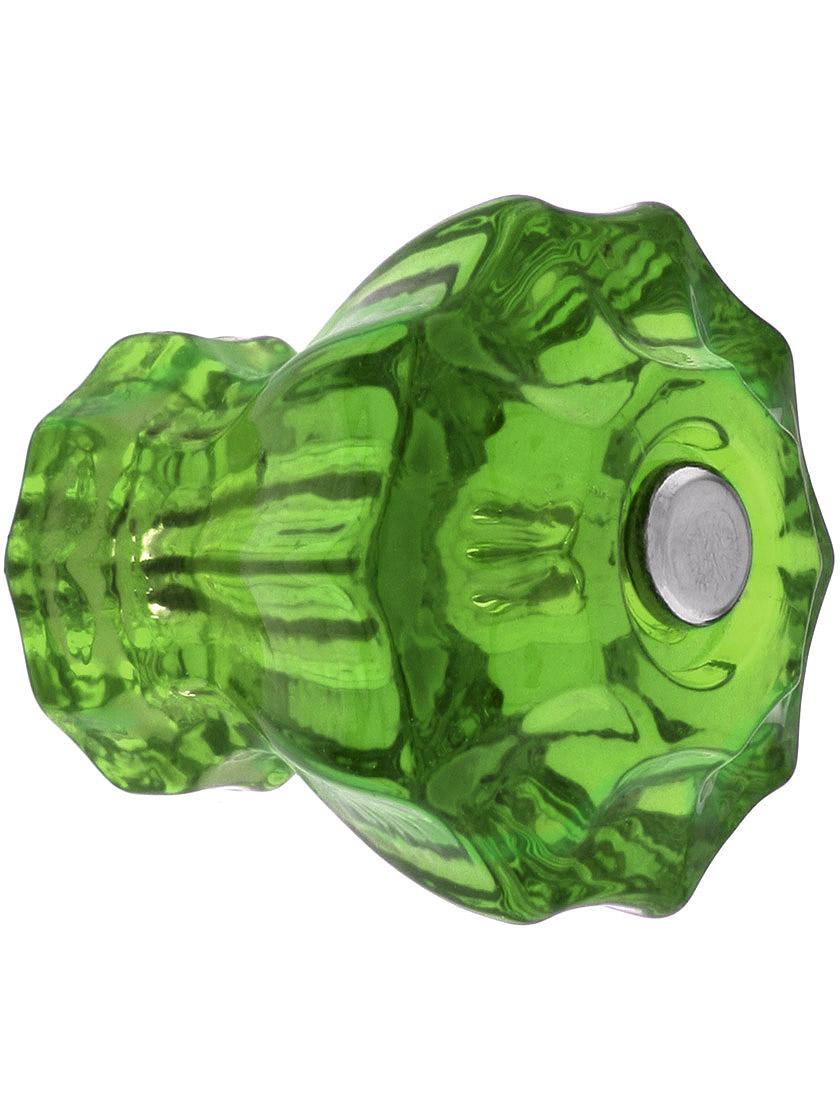 Large Fluted Forest Green Glass Cabinet Knob With Nickel Bolt.
